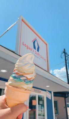 A mix of B-day Cake, Blue Goo, and Strawberry on a cake cone