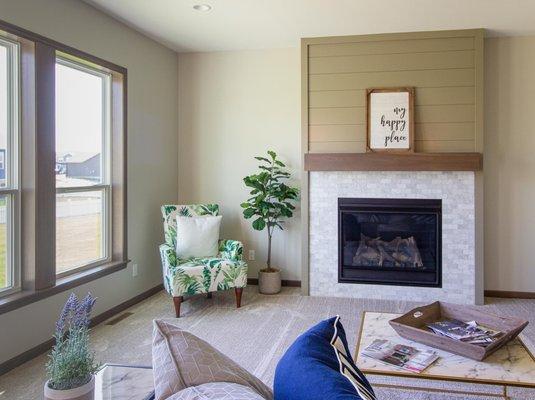 Carpet and fireplace tile in new build home