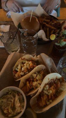 Haddock tacos, chicken sandwich