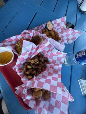 Burger, pretzel bites with cheese, mini corn dogs, & fried cheese