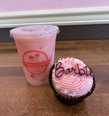 Iced strawberry drink and Barbie pink cupcake