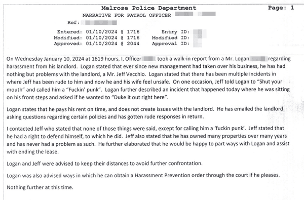 Police Report against Jeff Vecchio after he tried to fight tenant for posting negative reviews online