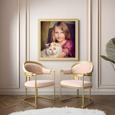 Young girl and her cat, framed canvas.