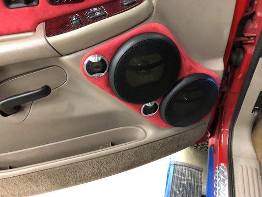 Custom door panels to fit 2 pairs of Focal 6.5" components w/  custom red suede wrap.