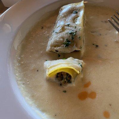 Veal cannelloni had good flavor but the pasta hard on edges hard to cut with fork.