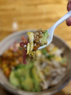 Inspo by Chef Kelsey Murphy - Ancient Grain Bowl with Chicken: Sweet Potato + Caramelized Onion + Avocado + Pickled Onion + Tahini Miso