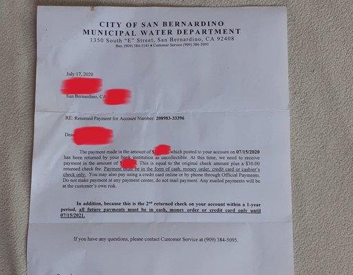 Letter from SB Municipal water Dept.