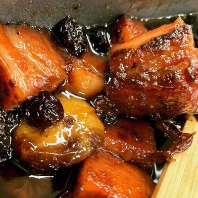 Pork Belly Burnt Ends with mango cherry and bourbon