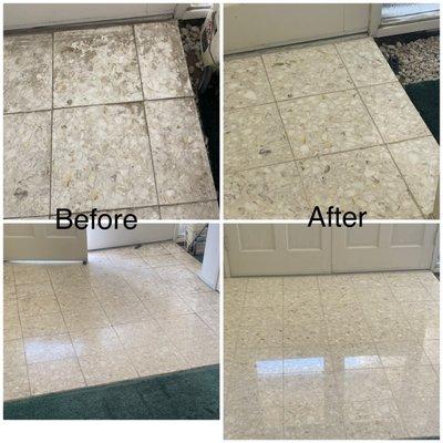 Terrazzo floor. Before: stained, dull. After: clean, shiny. Love it!