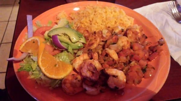 Zefe Shrimp - Grilled shrimp cooked with tomatoes, onion and cilantro. It is served with rice and salad. Small kine healthy.....