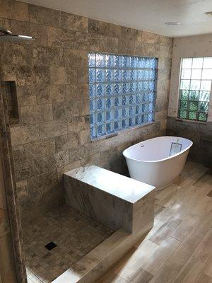 Bathroom shower and tub remodel with custom bench