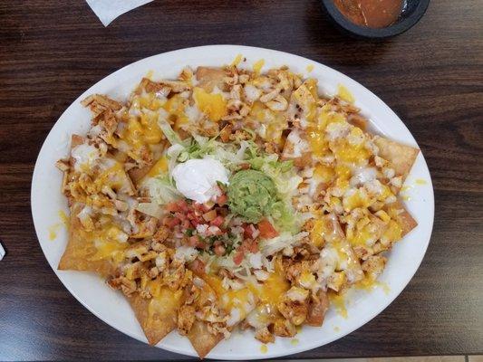 item #1 on the menu, nachos palenque. basically nachos and fried upon order?! also this is a full order which will get you pregnant