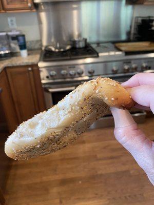 Opened the bag of bagels when I got home to find most were flat, deformed, Misshapen. Couldn't slice them or put in my toaster. Bummer.