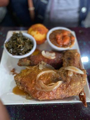 Gabby's Fried Turkey Wings potato salad and greens