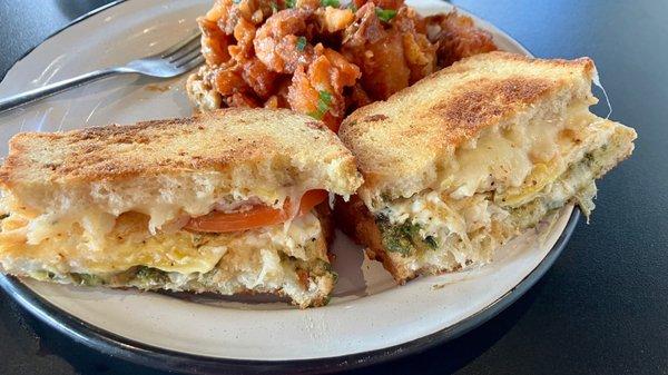 Pesto Breakfast Grilled Cheese and Tomato Potatoes