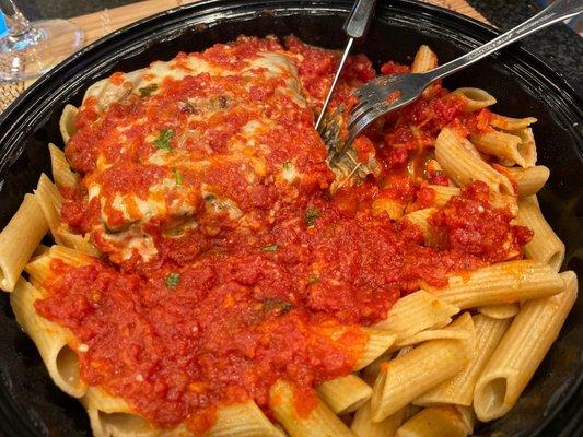 Eggplant Parmesan with whole wheat penne