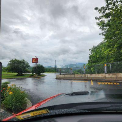 One way parking lot coming out of the drive thru.