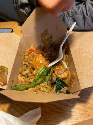 Half devoured shrimp Drunken Noodles