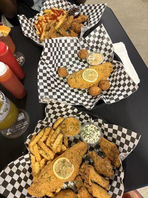 Catfish , Fries, ranch wings , friend ribs