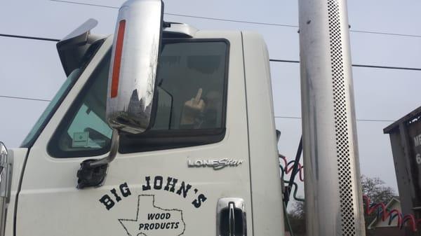 What Big Johns drivers do after almost killing you in a turn lane on 377!  This truck didn't even have license plates!