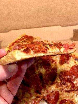 Thicker than thin average bar pizza. Does this help?  #UpCloseSavor  XP