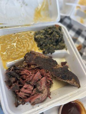 Loose brisket with mac-n-cheese and collard greens