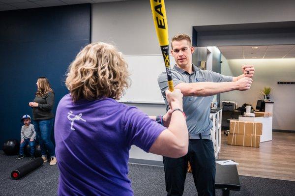 Dr. Nolan works with softball and baseball athletes on improving hitting mechanics with adjustments, soft tissue, and exercises.