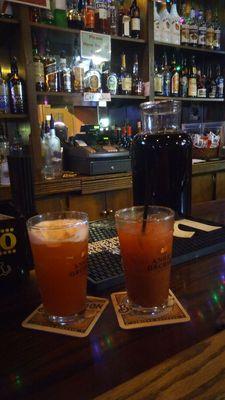 Bloody Mary and Bermuda Rum Swizzle with pitcher of Sangria in the back.