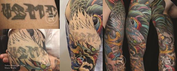 Before, during and after photos of extreme lightening of tattoo for complete sleeve work. #renewallaser #tattooremoval #coverup