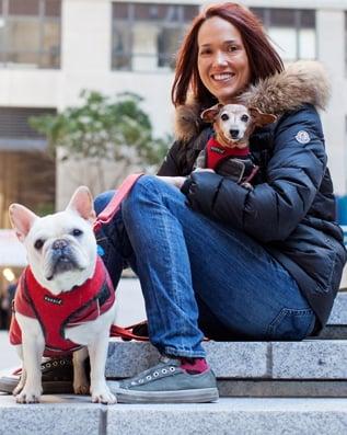 The owner of Paws on Pine Heather with her two dogs Bebop the French Bulldog and Doxy the mini-Dachshund