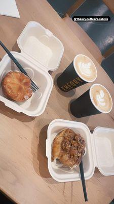 Vanilla lattes + kouign aman + Walnut sticky bun