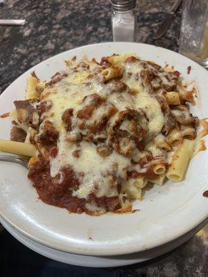 Ziti with meat sauce and meatballs.  For a little bit more I added Sausage.   Delish and filling!