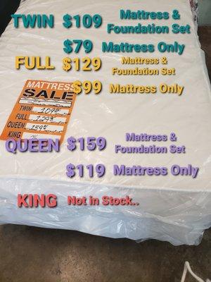 Unbeatable Mattress Sales.Queen Sets Start at $190.  Full $160  Twin $140 SAY YOU SAW HERE FOR SAVINGS!!