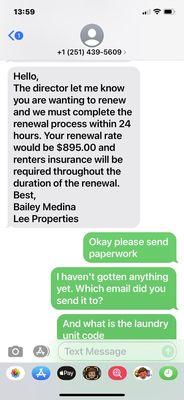 Text conversation between me and Bailey concerning getting a lease renewal.