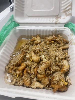 Chicken fried rice. 10/27/23 paid 13 for a pan of grease and fried rice with old chicken eggs and no veggies