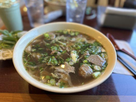 P1. Special Pho (rare steak, flank, tripe, beef balls and tendon)