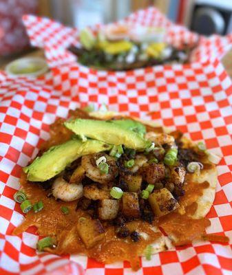 Quesito Rico w/ cheese, tiger shrimp, chorizo, potatoes, onions, flour tortilla | 1 pc - $9 + avocado (85 cents)