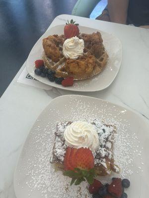 Pecan French toast, chicken and waffles