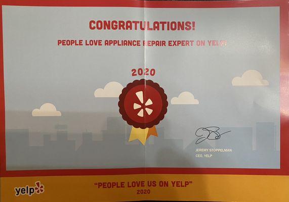 Certificate from Yelp