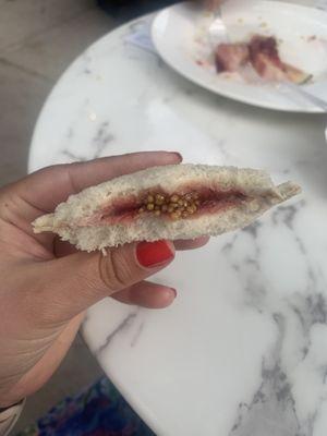 Chicken liver, jam, and pickled mustard seed uncrustable, courtesy of Shaker and Swine. Now available every night at post off!