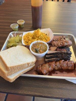 3 Meat Plate. Brisket, house sausage and Mollejas. With Mexican Rice and Charro Beans.