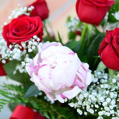 Red roses with pink peonies