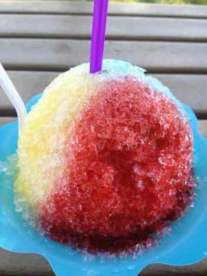 Rainbow ice; blue coconut, strawberry, and pineapple