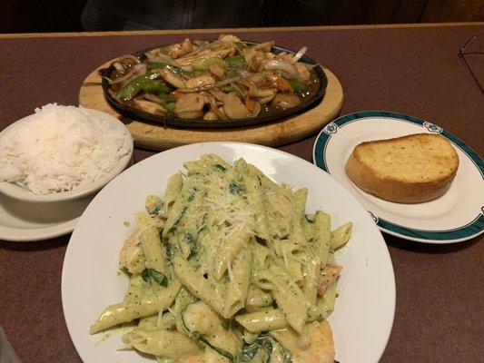 Mongolian Chicken and Penne pasta with creamy pesto and prawns.