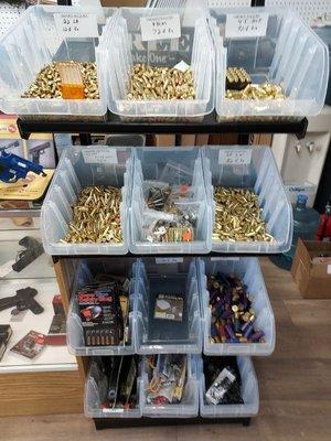 By the bullet, box and case. We stock most calibers and have great sales so stop in and check out our ammo supply