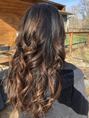 Caramel ribbons balayage done by Lily $130.