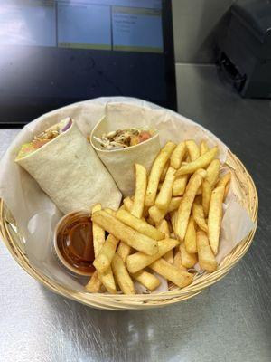 Food: chicken wrap with fries.