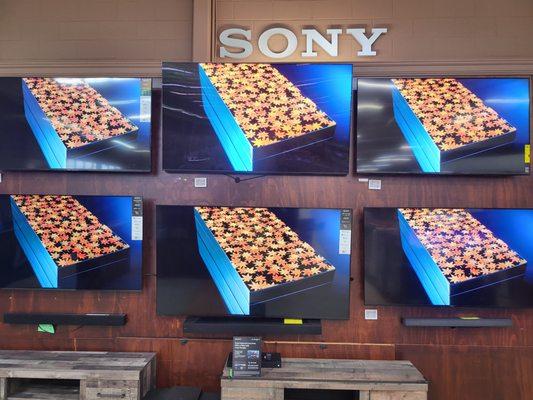 Sony TV demo wall featuring the best TVs Sony has to offer for sale at Electronic Express.