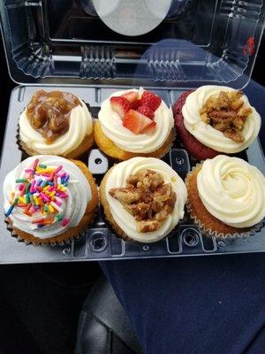 From top left pecan pie, strawberry cream cheese, red velvet , vanilla with sprinkles, butter pecan and key lime