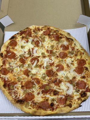 pepperoni sausage and onion pizza